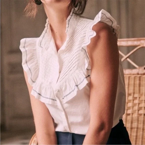 SÉZANE フリル トップス Azura Blouse - Embroidered Blue Stripes - Organic Cotton